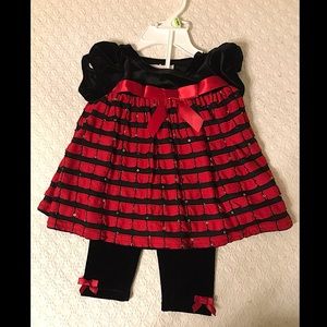 Bonnie Baby, Christmas Red & Black Baby Dress with Leggings Size 3/6 Months